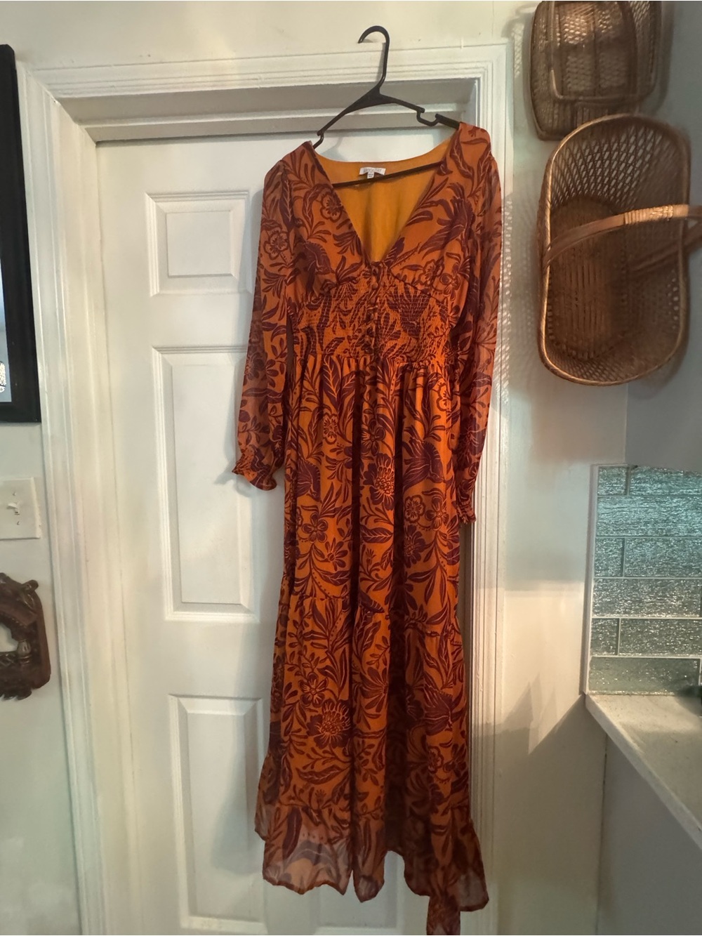 Boho Floral Smocked Maxi Dress - Orange